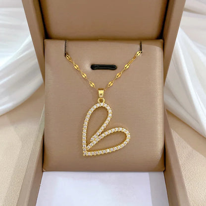 Trendy Heart Pendant Necklace – Gold Stainless Steel with Zirconia Accent