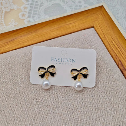 Pearl Bowknot Drop Earrings – Black or Red Accents
