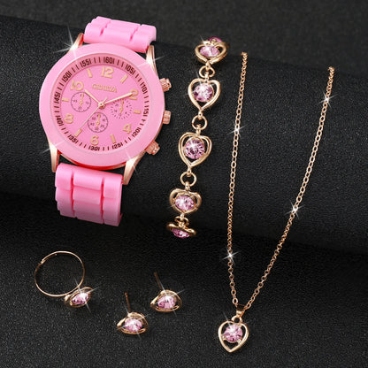 Women's 5PCS Quartz Watch & Jewelry Set – Silicone Band Edition