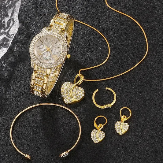 Luxury 6PCS Women's Rhinestone Watch & Jewelry Set