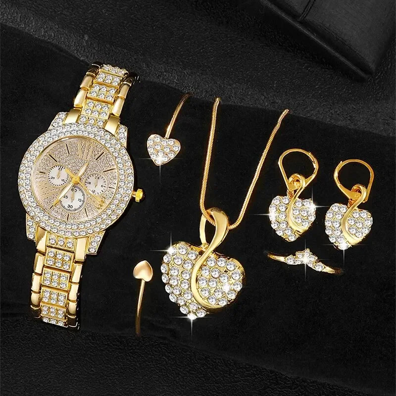 Luxury 6PCS Women's Rhinestone Watch & Jewelry Set
