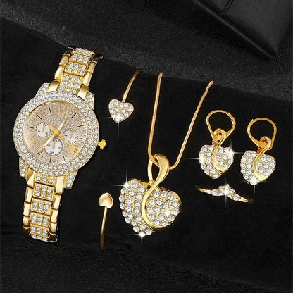 Luxury 6PCS Women's Rhinestone Watch & Jewelry Set