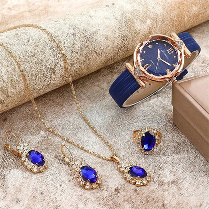 Women's 5PCS Leather Band Watch & Jewelry Set – Casual Elegance