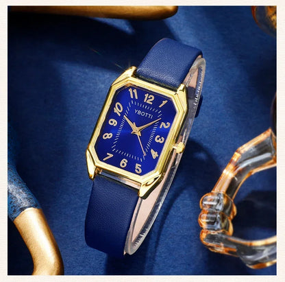 LOW STOCK! Luxury Square Dial Women's Quartz Watch – Blue Leather Band