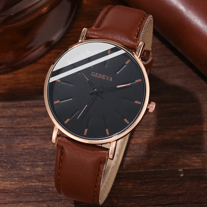 4PCS Men’s Brown Leather Watch & Bracelet Gift Set
