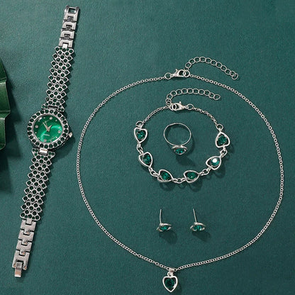 Luxury Women's Heart Rhinestone Watch & Jewelry Set – 5PCS