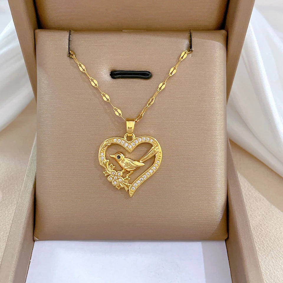 Trendy Heart Pendant Necklace – Gold Stainless Steel with Zirconia Accent