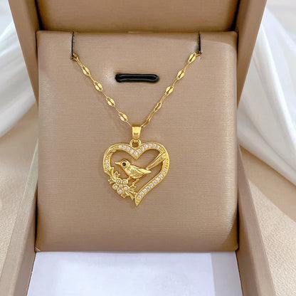 Trendy Heart Pendant Necklace – Gold Stainless Steel with Zirconia Accent
