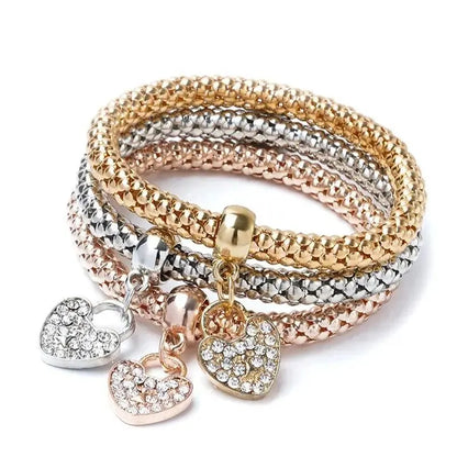 3PCS Rose Gold & Silver Charm Bracelet Set
