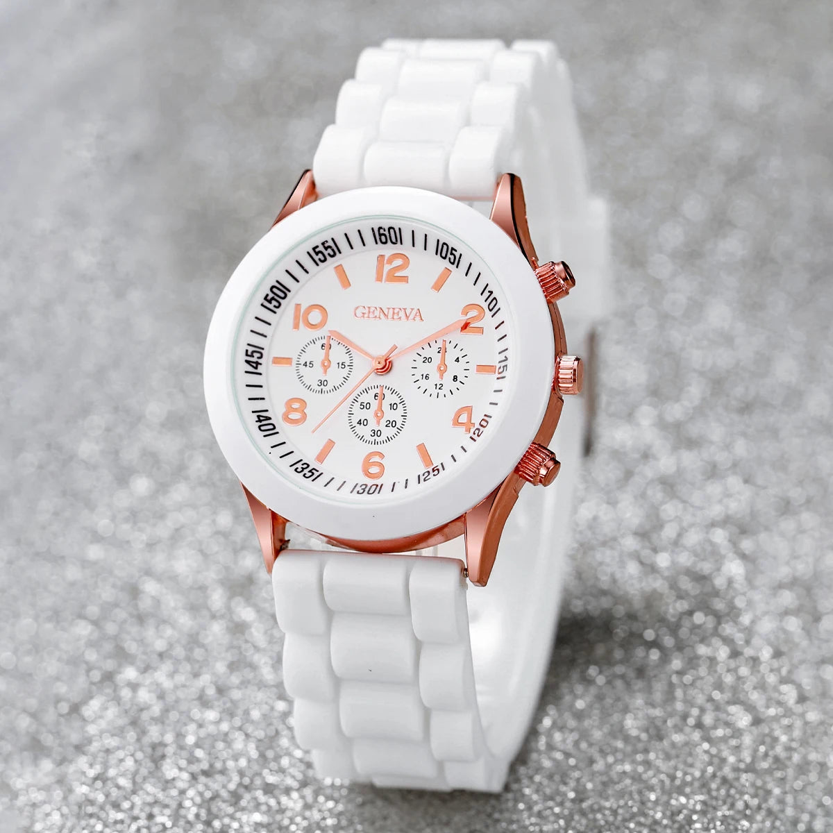 Women's 6PCS Quartz Watch & Heart Pearl Jewelry Set – White Silicone Edition