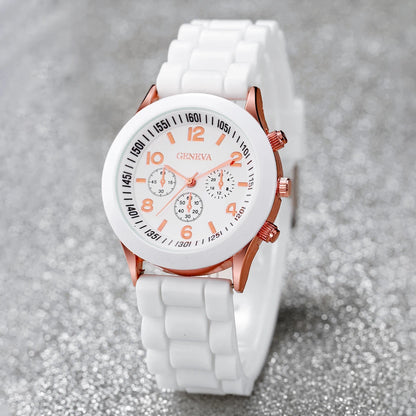 Women's 6PCS Quartz Watch & Heart Pearl Jewelry Set – White Silicone Edition
