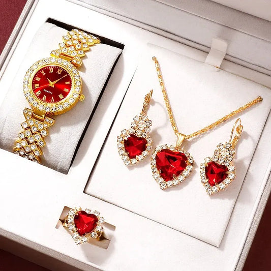 Golden Rhinestone Women's Watch & Jewelry Set – 5PCS Collection