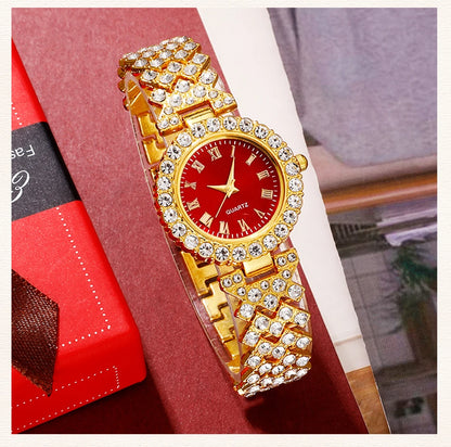 Golden Rhinestone Women's Watch & Jewelry Set – 5PCS Collection