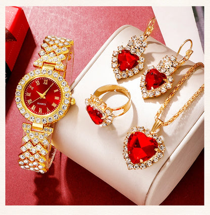 Golden Rhinestone Women's Watch & Jewelry Set – 5PCS Collection