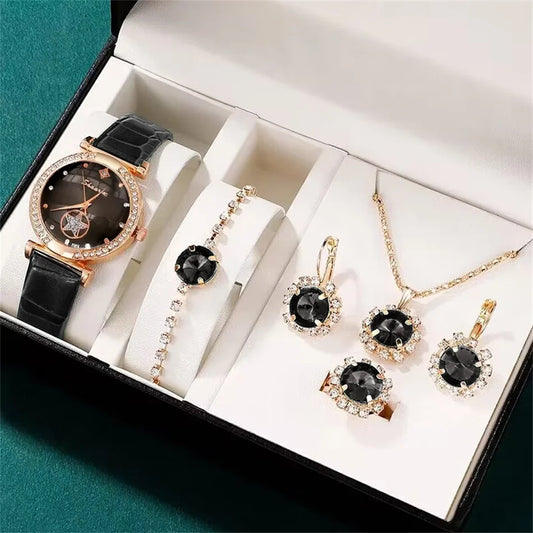 Women's 6PCS Quartz Watch & Jewelry Set – Red, Green, or Black Collection