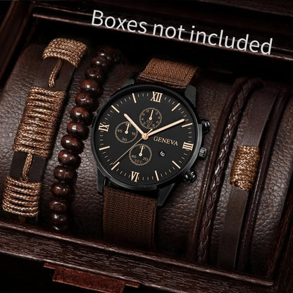 Men’s Nylon Strap Watch & Bracelet Set – 4/5PCS