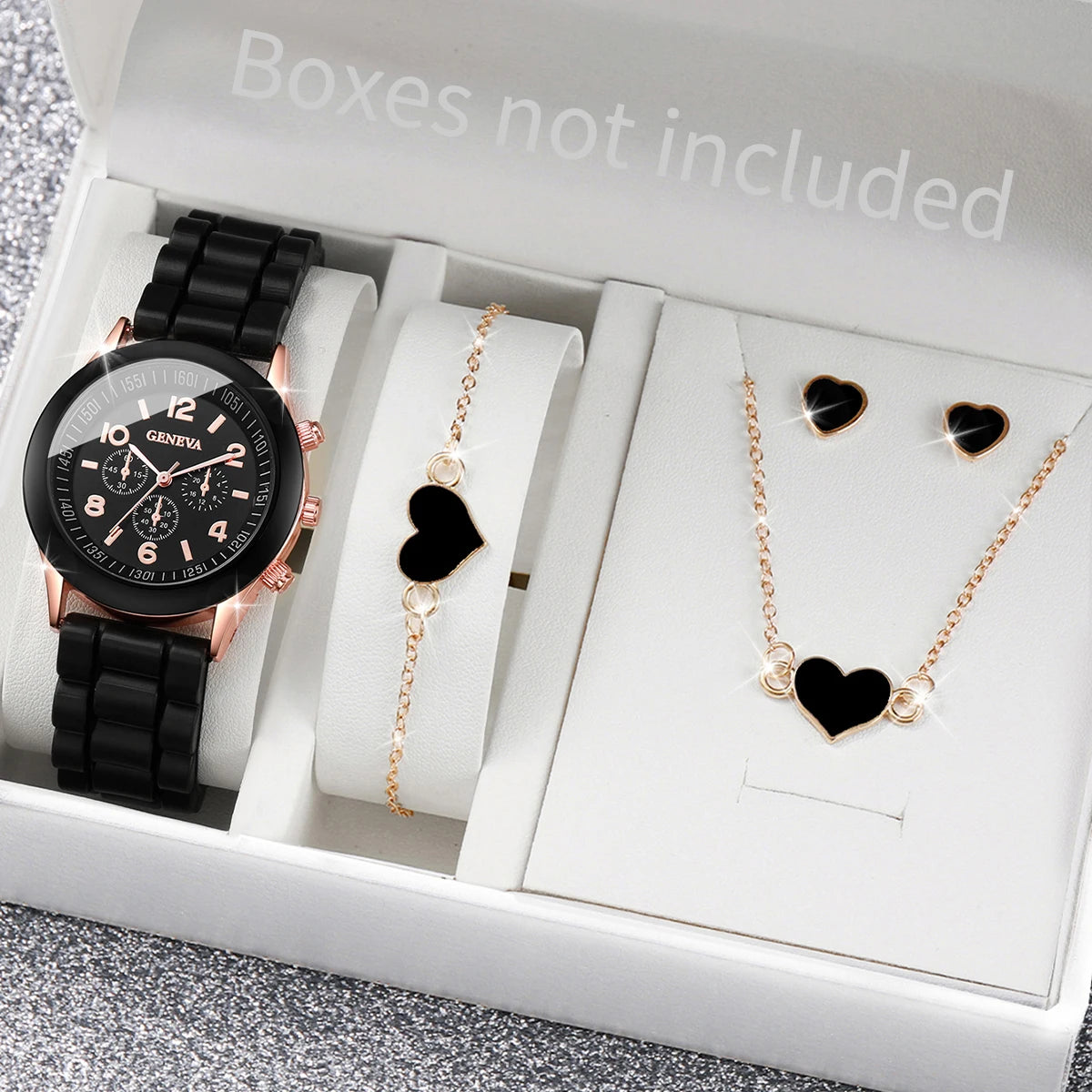 Women's 5PCS Quartz Watch & Jewelry Set – Silicone Band Edition