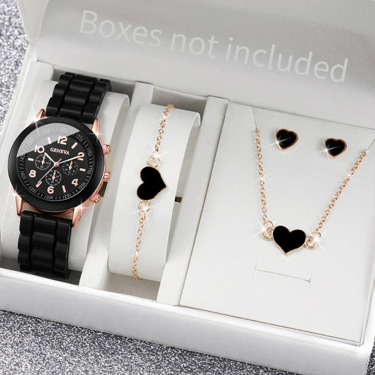 Women's 5PCS Quartz Watch & Jewelry Set – Silicone Band Edition