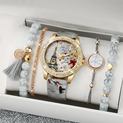 Women's 5PCS Retro Quartz Watch & Beaded Bracelet Set