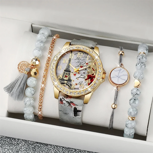 Women's 5PCS Retro Quartz Watch & Beaded Bracelet Set