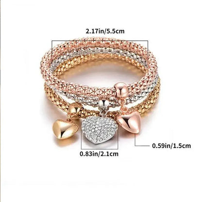 3PCS Rose Gold & Silver Charm Bracelet Set