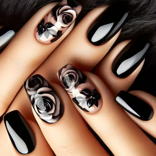 LOW STOCK! Black Swirl Press-On Nails – 24-Piece Short Ballerina Set
