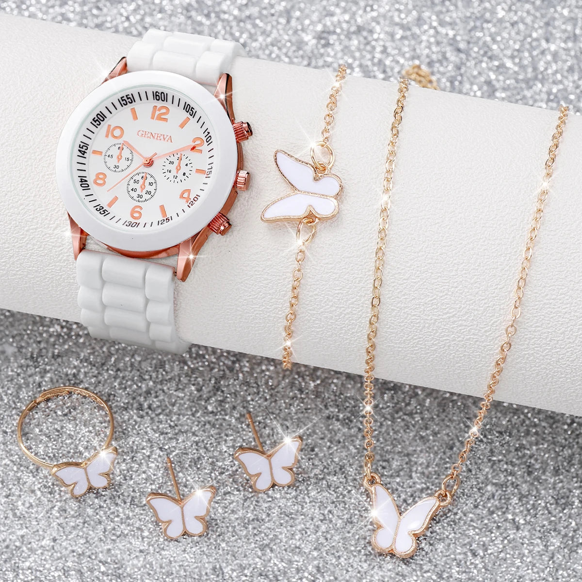 Women's 5PCS Quartz Watch & Jewelry Set – Silicone Band Edition