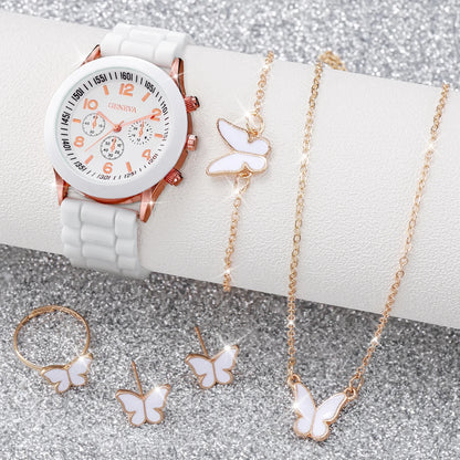 Women's 5PCS Quartz Watch & Jewelry Set – Silicone Band Edition