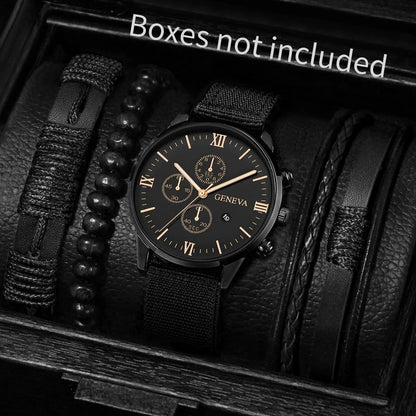 Men’s Nylon Strap Watch & Bracelet Set – 4/5PCS