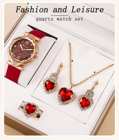 Women's 5PCS Leather Band Watch & Jewelry Set – Casual Elegance
