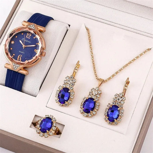 Women's 5PCS Leather Band Watch & Jewelry Set – Casual Elegance