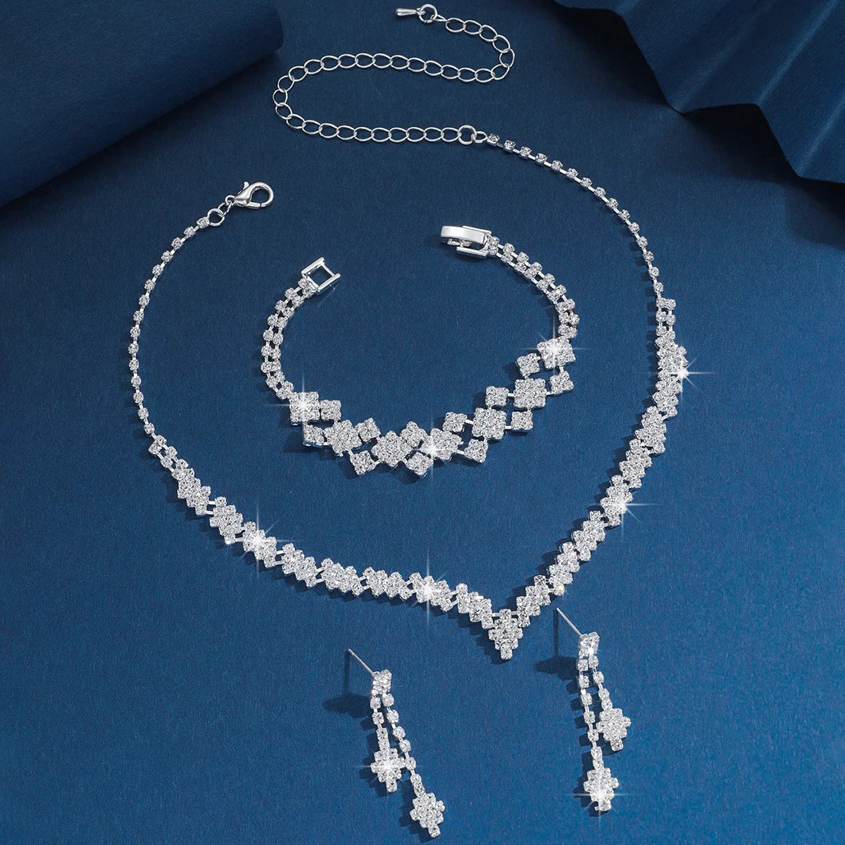 Silver Plated Rhinestone Bridal Jewelry Set – 4-Piece Elegant Collection