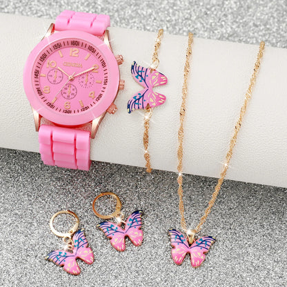 Women's 5PCS Quartz Watch & Jewelry Set – Silicone Band Edition