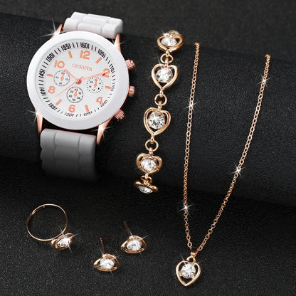Women's 5PCS Quartz Watch & Jewelry Set – Silicone Band Edition