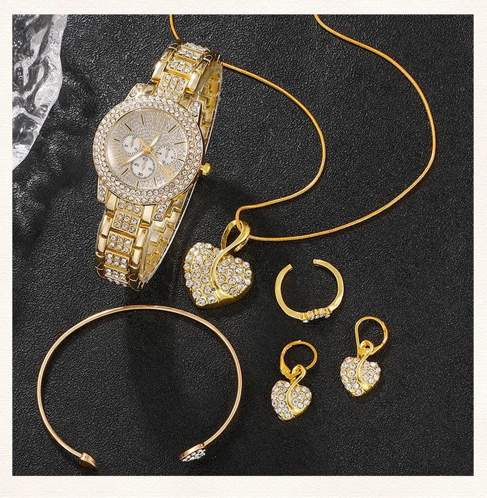 Luxury 6PCS Women's Rhinestone Watch & Jewelry Set