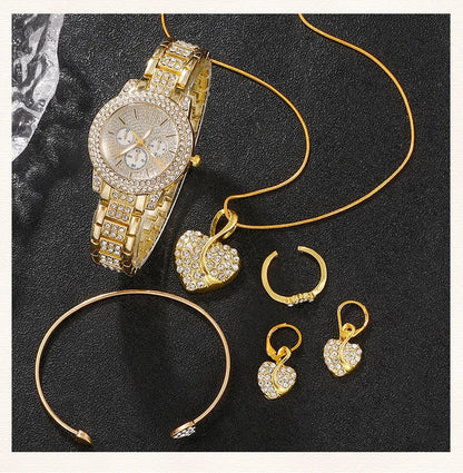 Luxury 6PCS Women's Rhinestone Watch & Jewelry Set