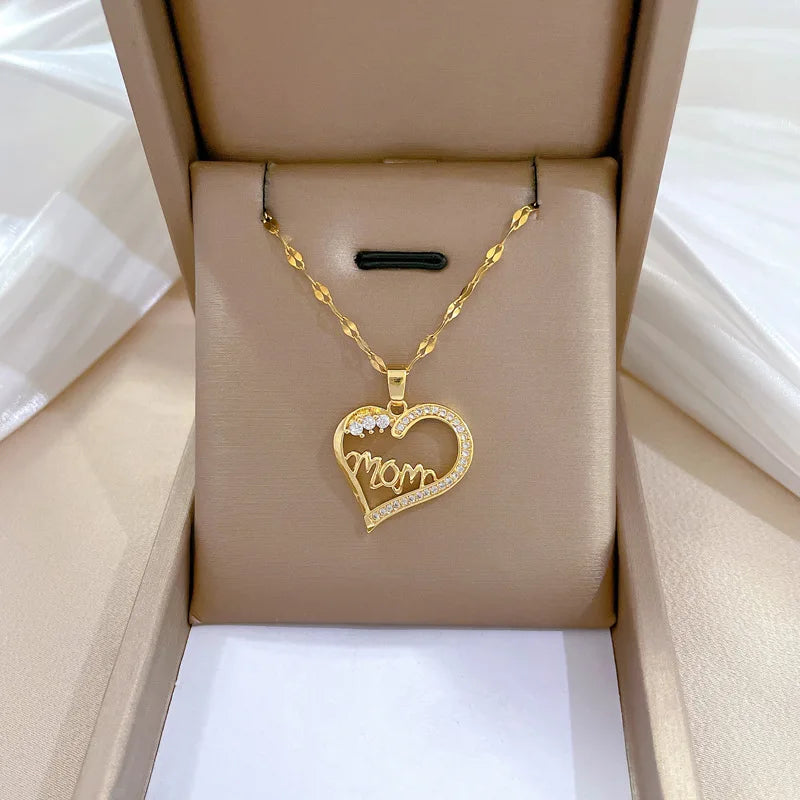 Trendy Heart Pendant Necklace – Gold Stainless Steel with Zirconia Accent