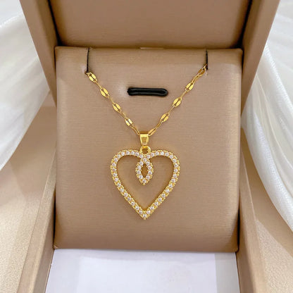 Trendy Heart Pendant Necklace – Gold Stainless Steel with Zirconia Accent