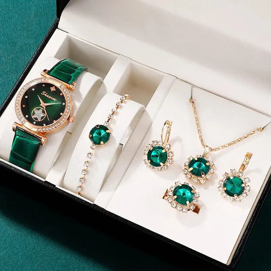 Women's 6PCS Quartz Watch & Jewelry Set – Red, Green, or Black Collection