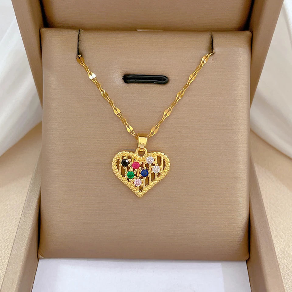 Trendy Heart Pendant Necklace – Gold Stainless Steel with Zirconia Accent