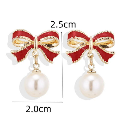 Pearl Bowknot Drop Earrings – Black or Red Accents