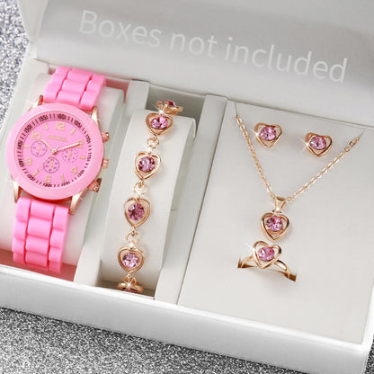 Women's 5PCS Quartz Watch & Jewelry Set – Silicone Band Edition
