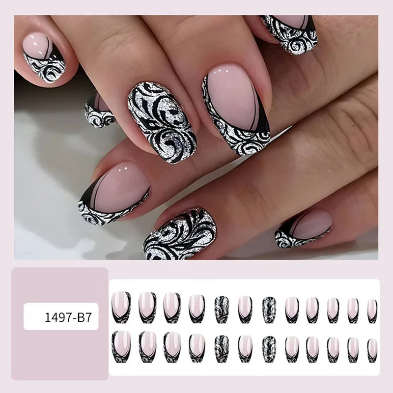 French Black Line Design Nails (24-Piece Set)