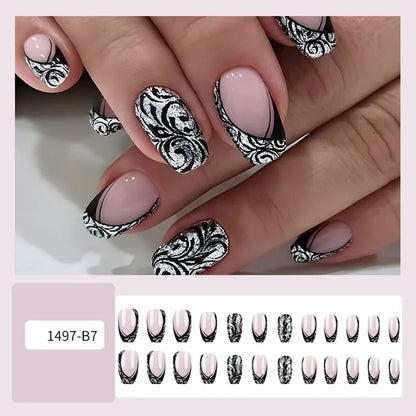 French Black Line Design Nails (24-Piece Set)