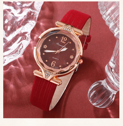Women's 5PCS Leather Band Watch & Jewelry Set – Casual Elegance