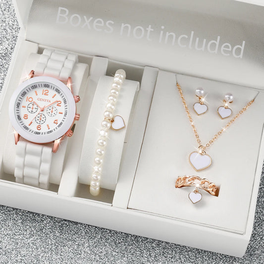 Women's 6PCS Quartz Watch & Heart Pearl Jewelry Set – White Silicone Edition
