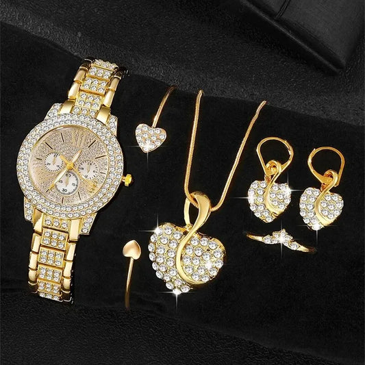 Luxury 6PCS Women's Rhinestone Watch & Jewelry Set