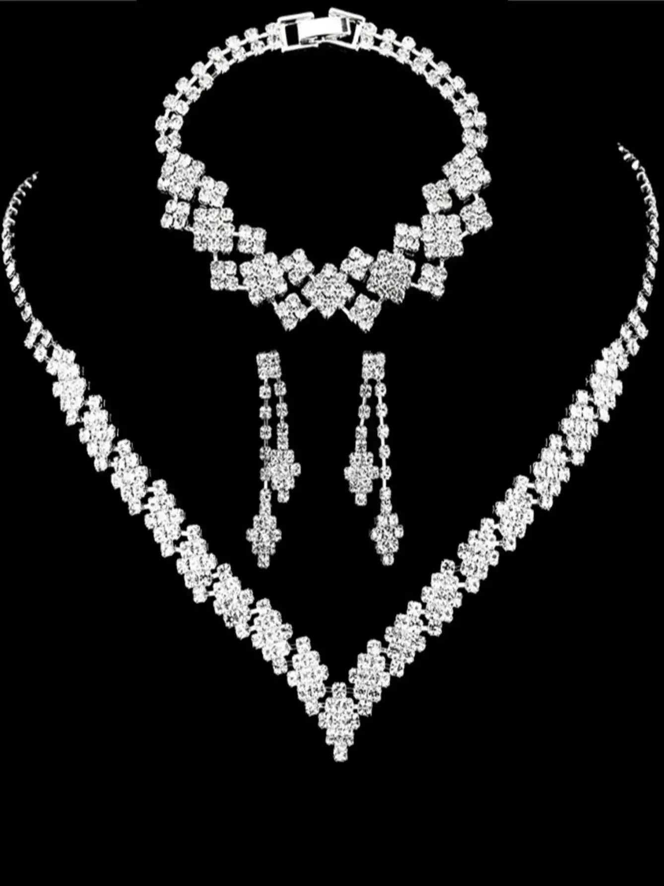 Silver Plated Rhinestone Bridal Jewelry Set – 4-Piece Elegant Collection