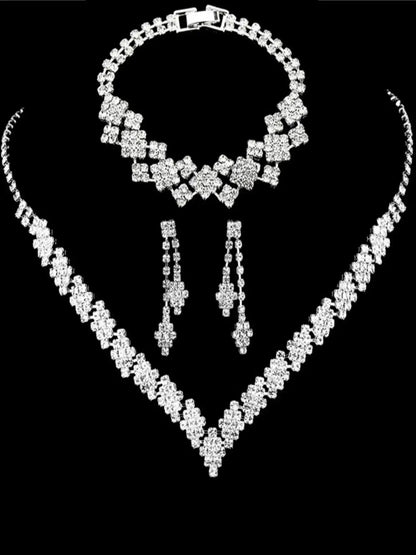 Silver Plated Rhinestone Bridal Jewelry Set – 4-Piece Elegant Collection