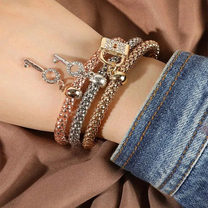3PCS Rose Gold & Silver Charm Bracelet Set
